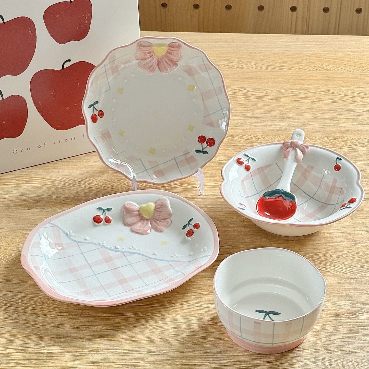 Cherry Bow Gingham Ceramic Set