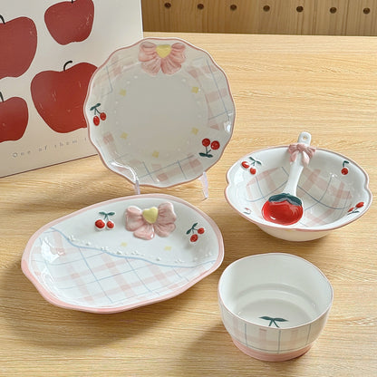Cherry Bow Gingham Ceramic Set