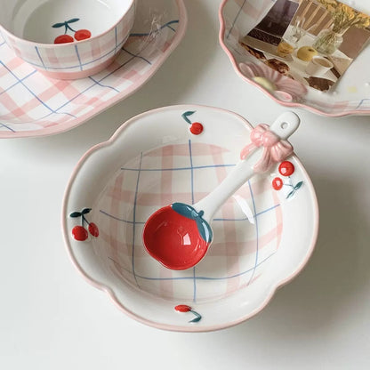 Cherry Bow Gingham Ceramic Set