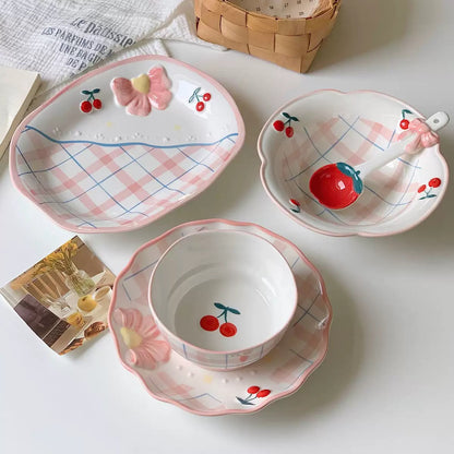Cherry Bow Gingham Ceramic Set