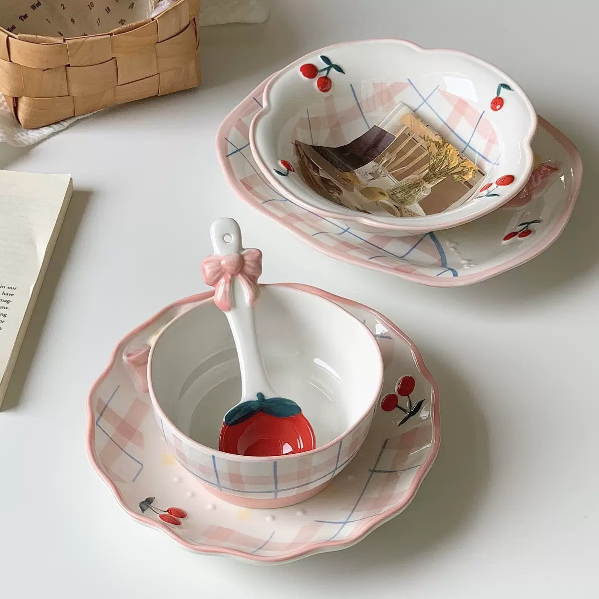 Cherry Bow Gingham Ceramic Set