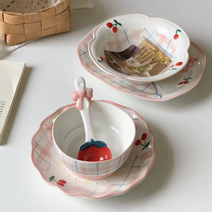 Cherry Bow Gingham Ceramic Set